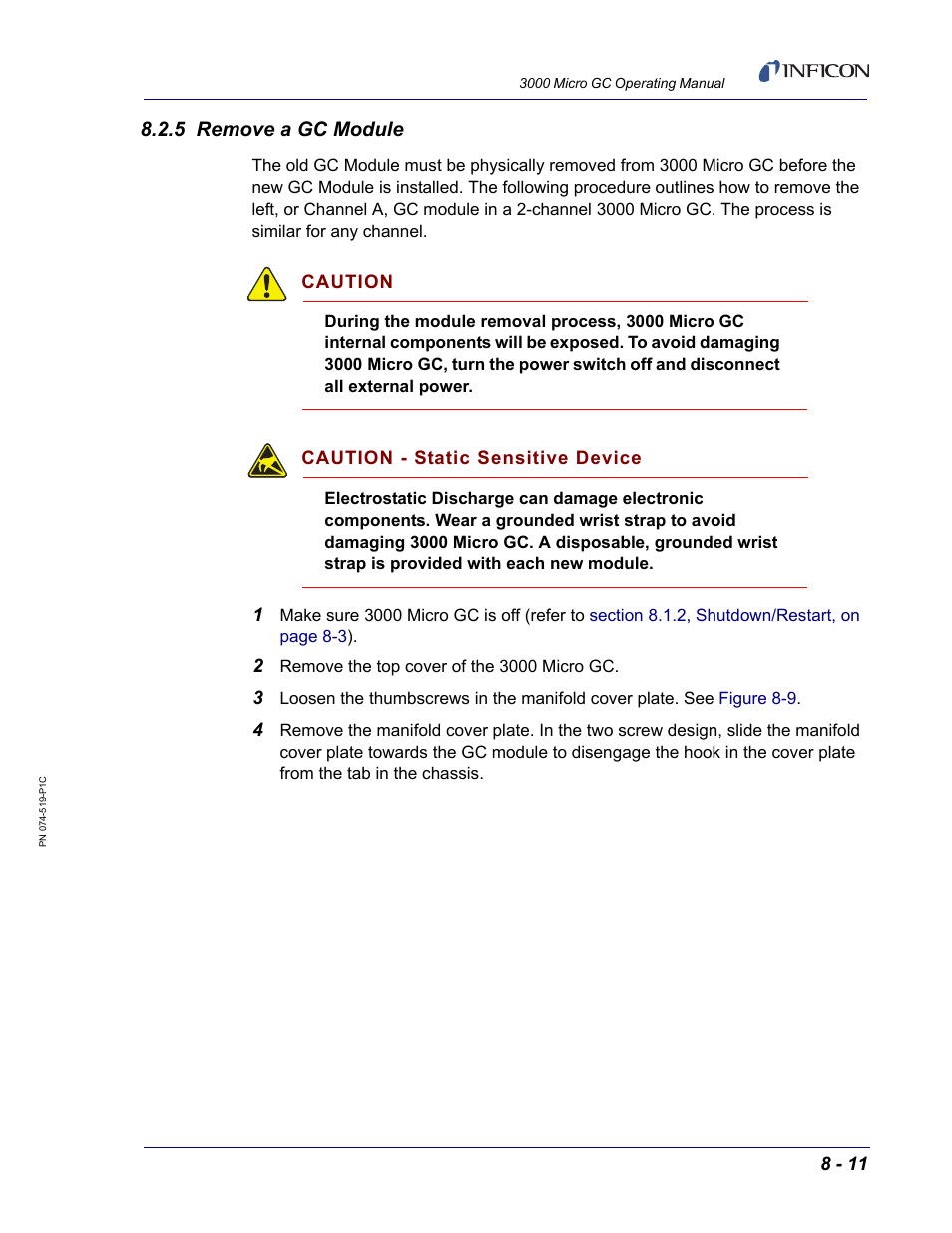 5 remove a gc module, Section 8.2.5, remove a gc | INFICON 3000 Micro GC Gas Analyzer Operating Manual User Manual | Page 193 / 268