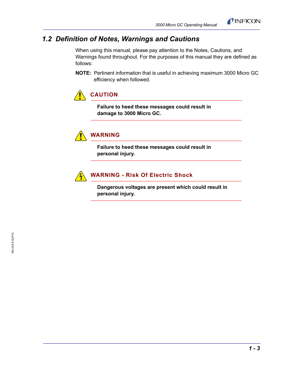 2 definition of notes, warnings and cautions, Caution, Warning | Warning - risk of electric shock | INFICON 3000 Micro GC Gas Analyzer Operating Manual User Manual | Page 21 / 268