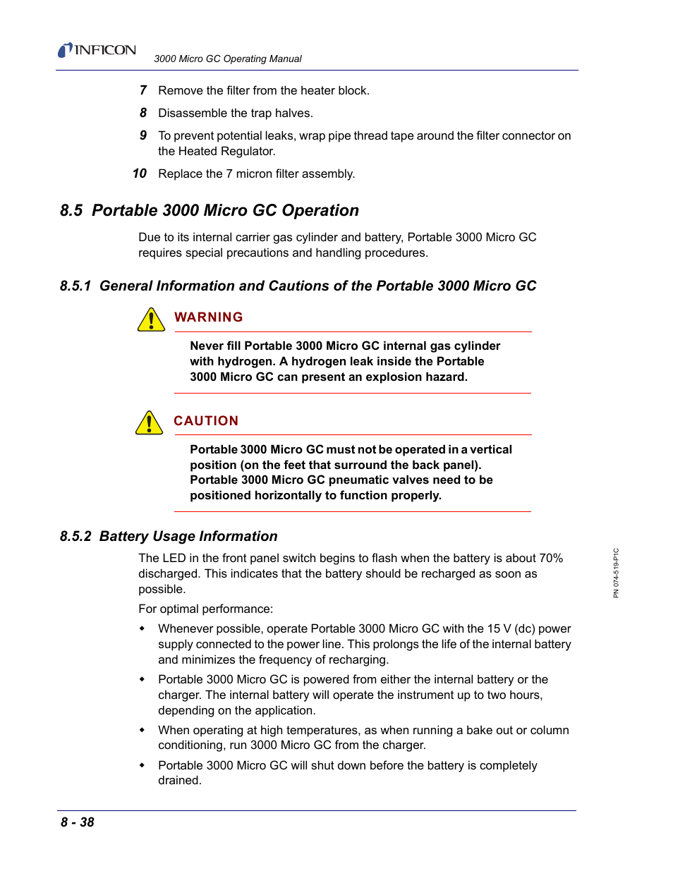 5 portable 3000 micro gc operation, 2 battery usage information | INFICON 3000 Micro GC Gas Analyzer Operating Manual User Manual | Page 220 / 268