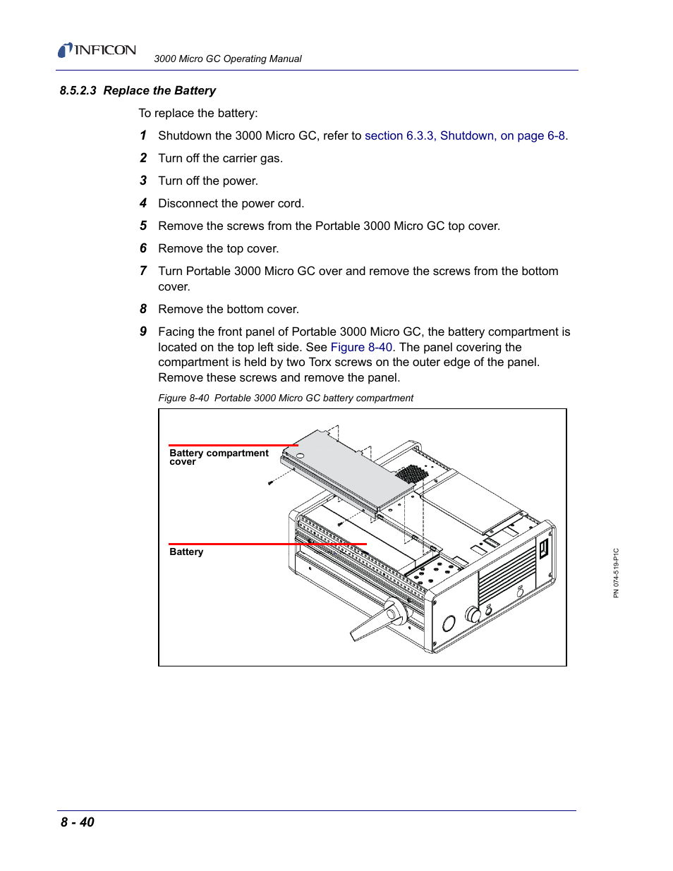 3 replace the battery | INFICON 3000 Micro GC Gas Analyzer Operating Manual User Manual | Page 222 / 268