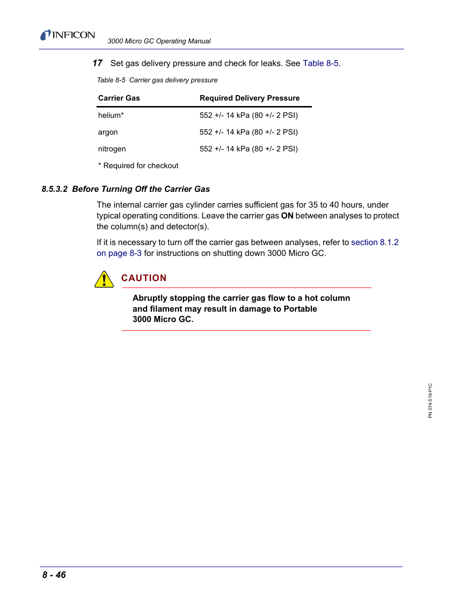 2 before turning off the carrier gas, Caution | INFICON 3000 Micro GC Gas Analyzer Operating Manual User Manual | Page 228 / 268