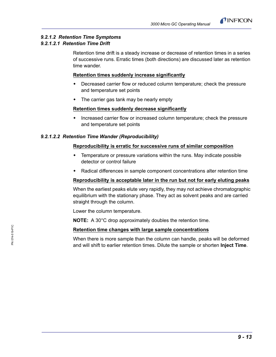 2 retention time symptoms, 1 retention time drift, 2 retention time wander (reproducibility) | INFICON 3000 Micro GC Gas Analyzer Operating Manual User Manual | Page 241 / 268