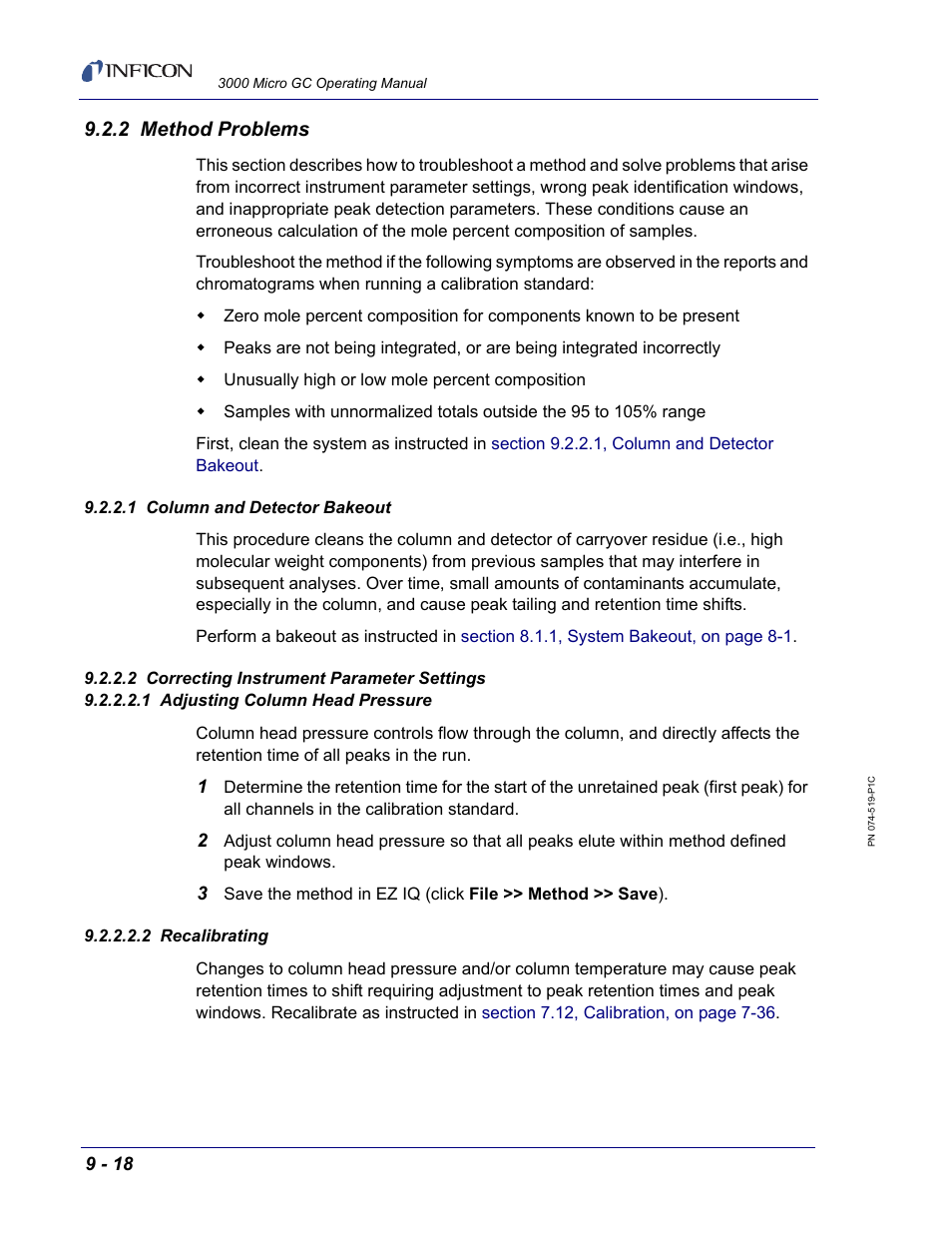2 method problems, 1 column and detector bakeout, 2 correcting instrument parameter settings | 1 adjusting column head pressure, 2 recalibrating | INFICON 3000 Micro GC Gas Analyzer Operating Manual User Manual | Page 246 / 268