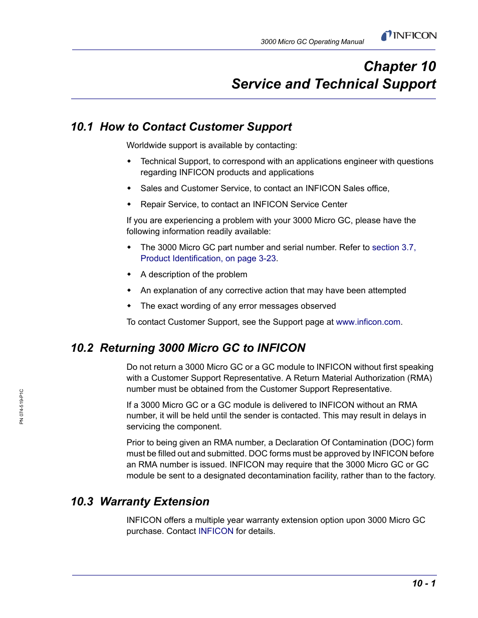 Chapter 10 service and technical support, 1 how to contact customer support, 2 returning 3000 micro gc to inficon | 3 warranty extension, Chapter 10, Chapter 10, service and technical support | INFICON 3000 Micro GC Gas Analyzer Operating Manual User Manual | Page 247 / 268