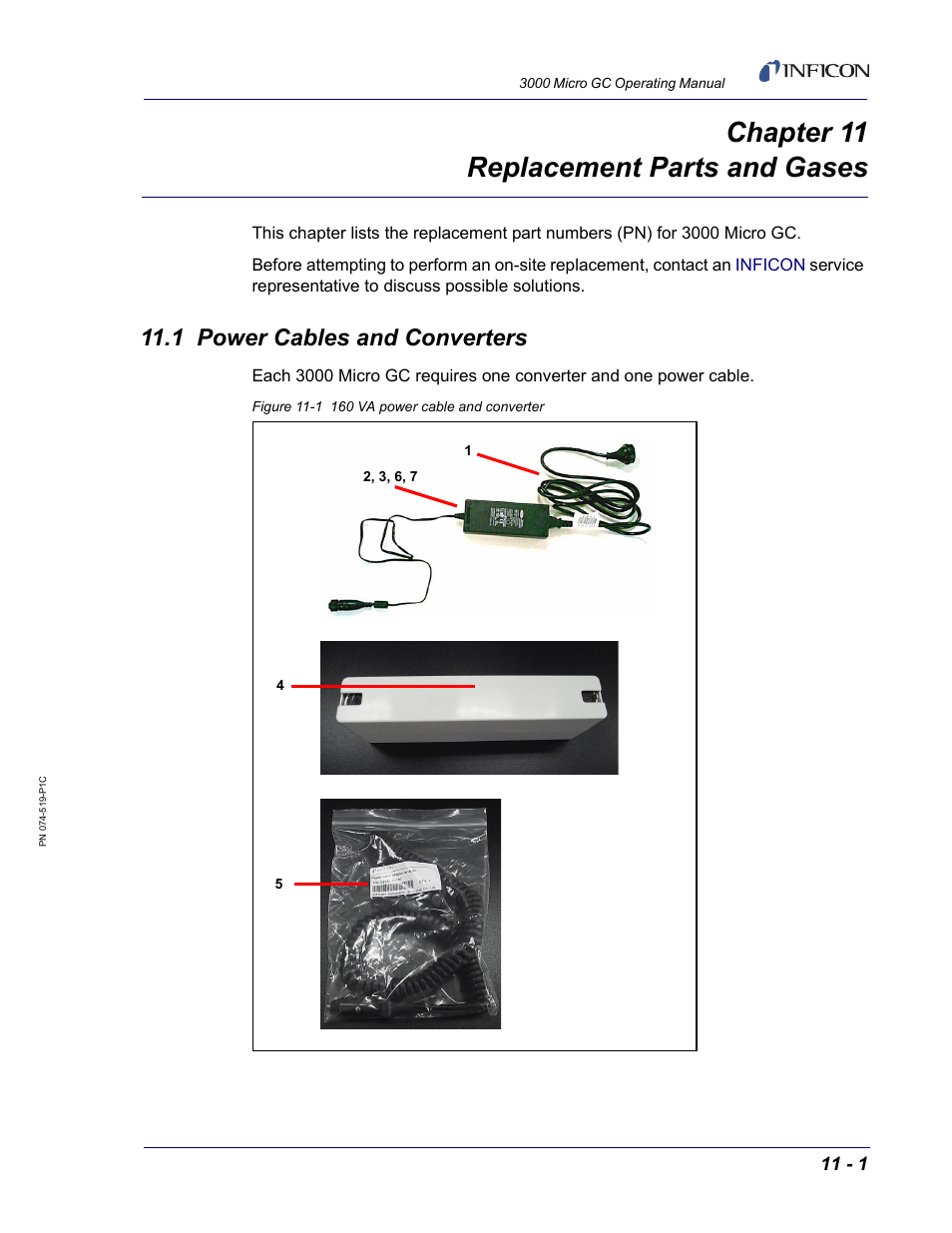 Chapter 11 replacement parts and gases, 1 power cables and converters, Chapter 11 | INFICON 3000 Micro GC Gas Analyzer Operating Manual User Manual | Page 249 / 268