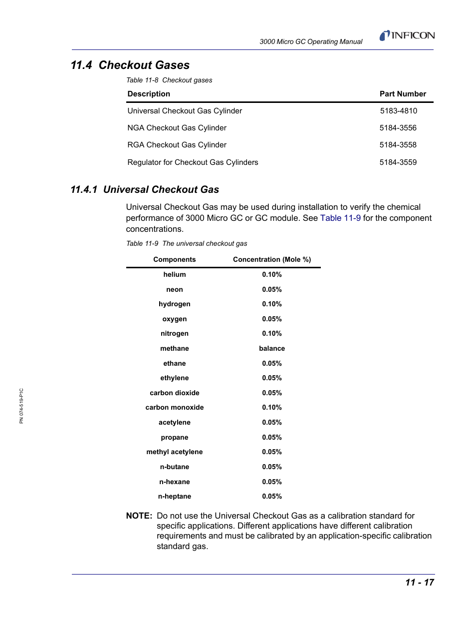 4 checkout gases, 1 universal checkout gas | INFICON 3000 Micro GC Gas Analyzer Operating Manual User Manual | Page 265 / 268