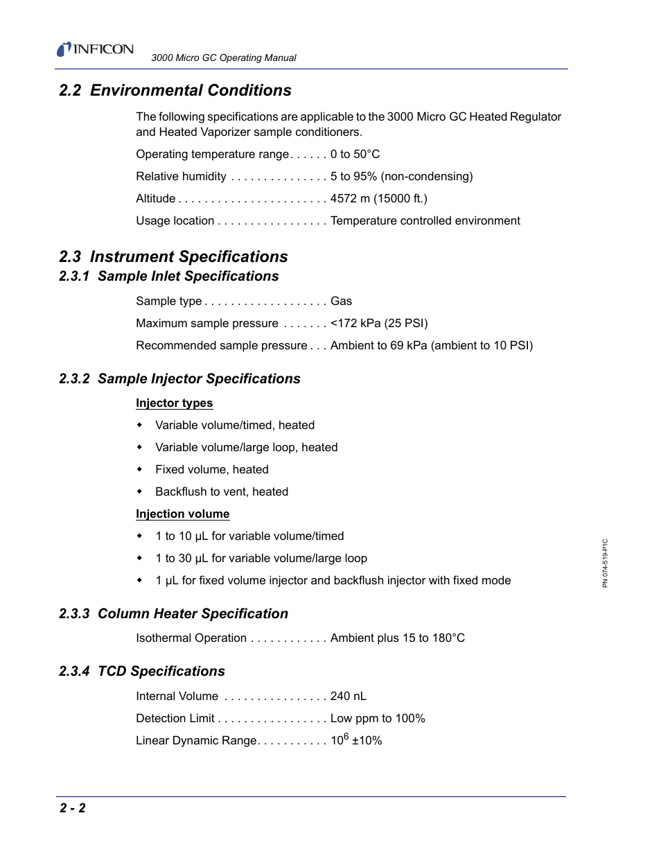 2 environmental conditions, 3 instrument specifications, 1 sample inlet specifications | 2 sample injector specifications, 3 column heater specification, 4 tcd specifications | INFICON 3000 Micro GC Gas Analyzer Operating Manual User Manual | Page 28 / 268