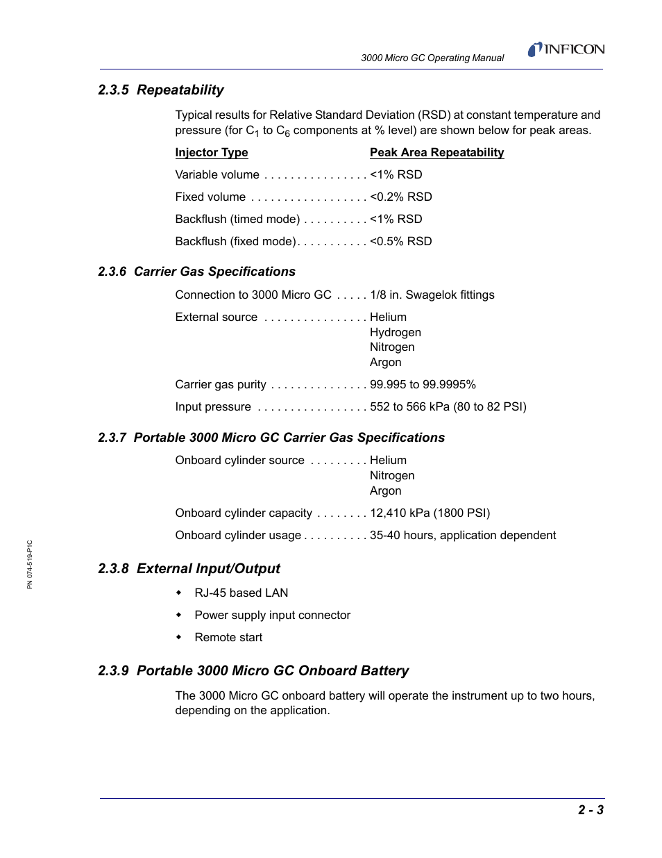 5 repeatability, 6 carrier gas specifications, 8 external input/output | 9 portable 3000 micro gc onboard battery | INFICON 3000 Micro GC Gas Analyzer Operating Manual User Manual | Page 29 / 268
