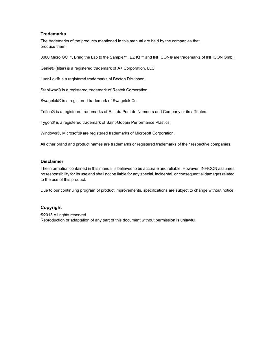 Trademarks, Disclaimer, Copyright | INFICON 3000 Micro GC Gas Analyzer Operating Manual User Manual | Page 4 / 268