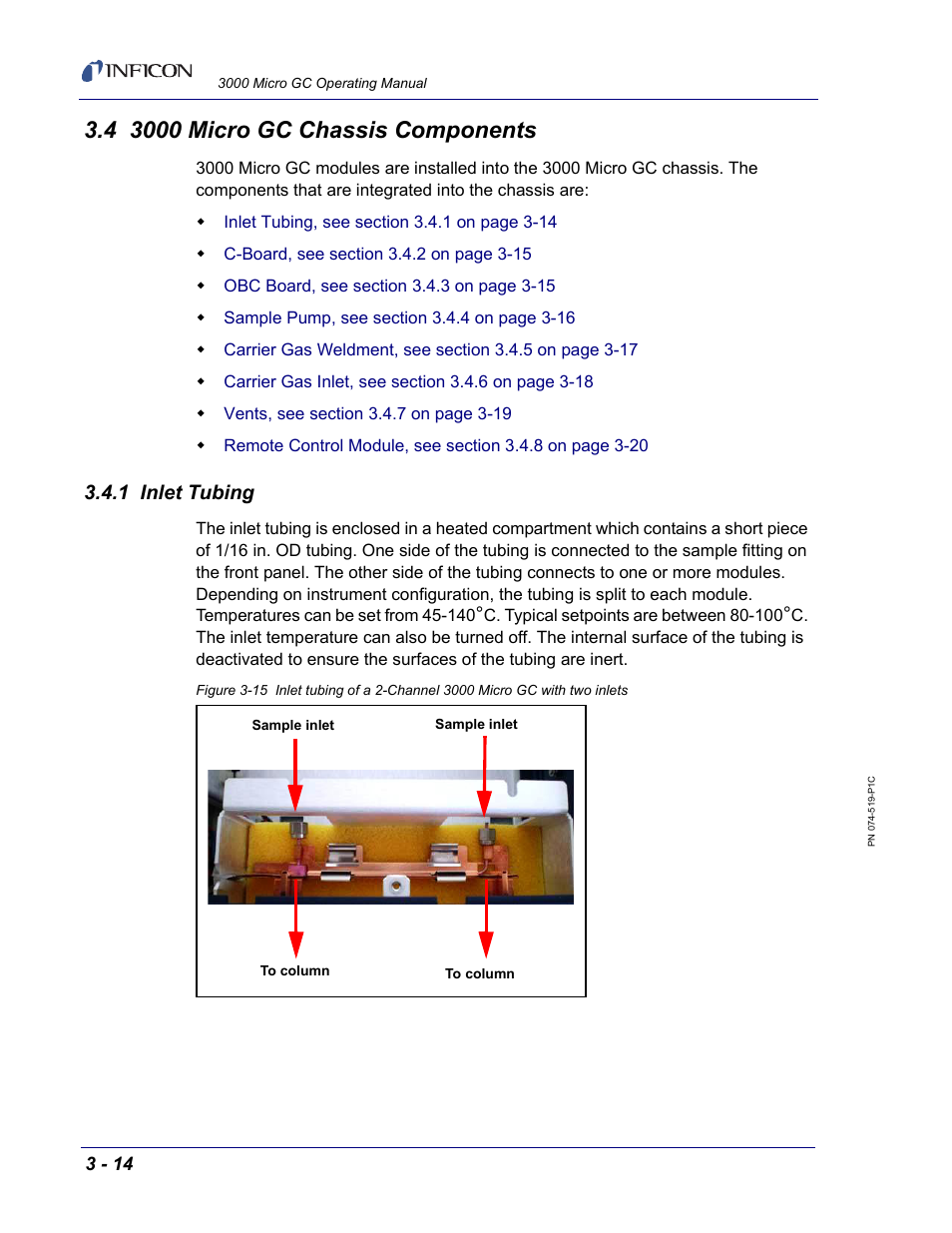 4 3000 micro gc chassis components, 1 inlet tubing | INFICON 3000 Micro GC Gas Analyzer Operating Manual User Manual | Page 44 / 268