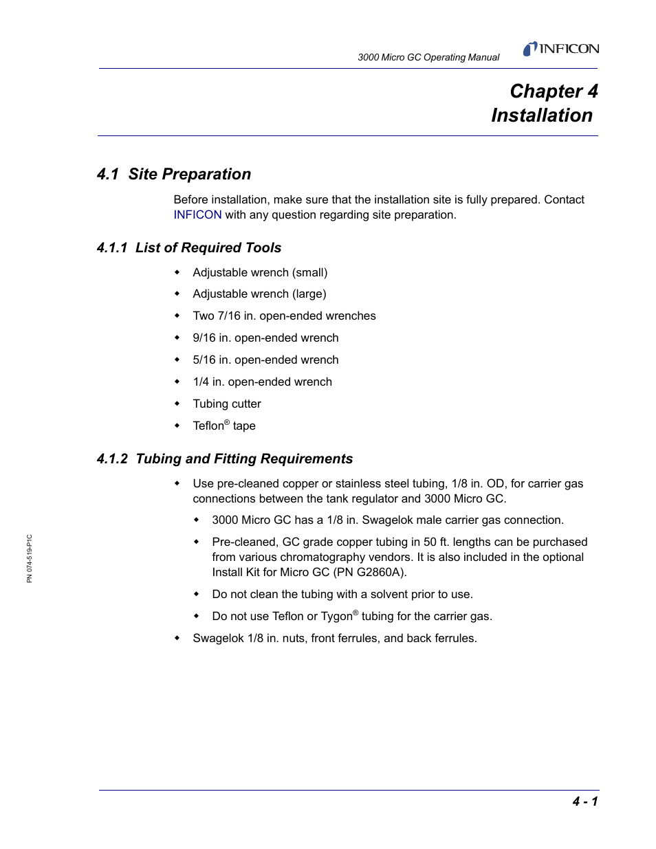 Chapter 4 installation, 1 site preparation, 1 list of required tools | 2 tubing and fitting requirements, Chapter 4 | INFICON 3000 Micro GC Gas Analyzer Operating Manual User Manual | Page 57 / 268