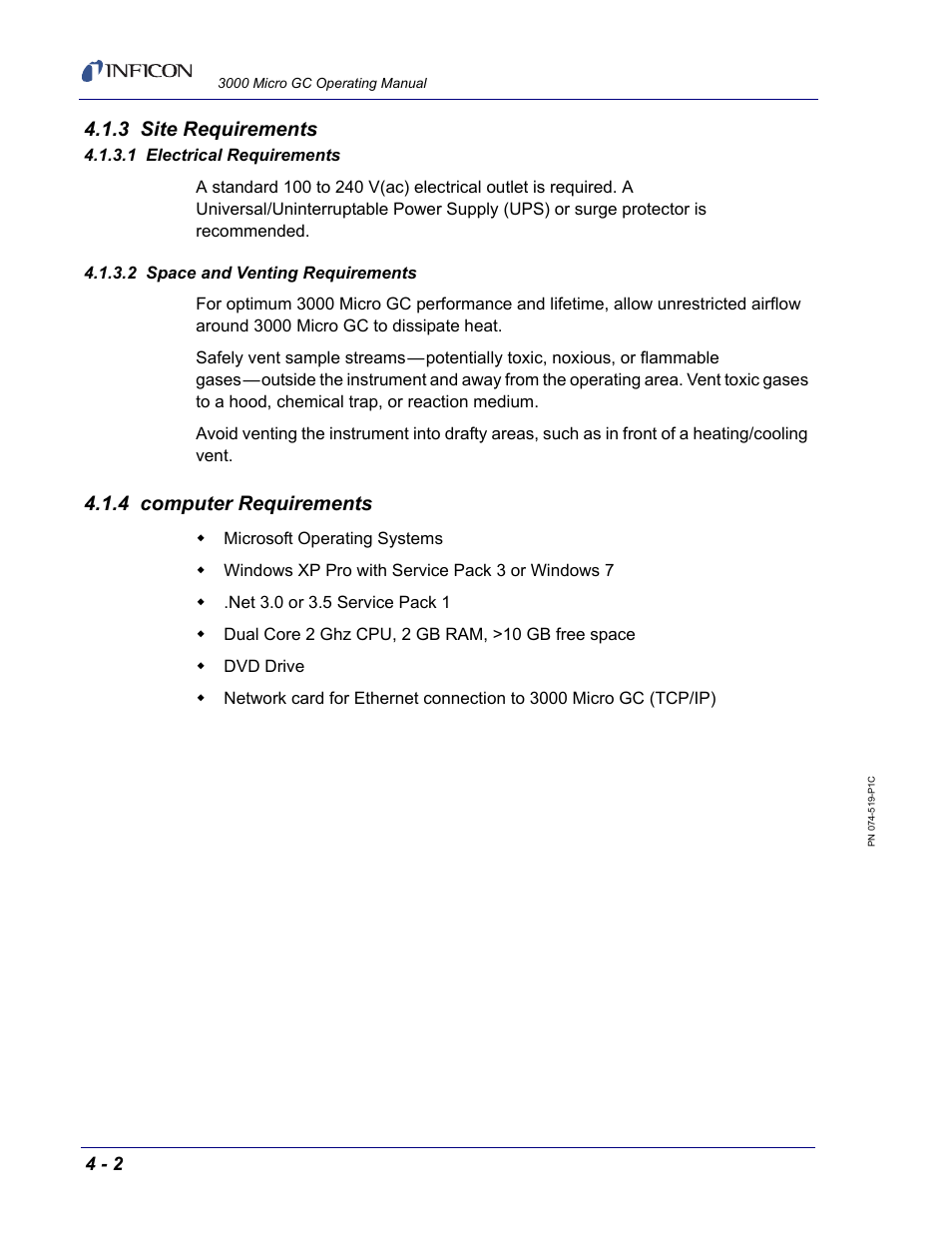 3 site requirements, 1 electrical requirements, 2 space and venting requirements | 4 computer requirements | INFICON 3000 Micro GC Gas Analyzer Operating Manual User Manual | Page 58 / 268