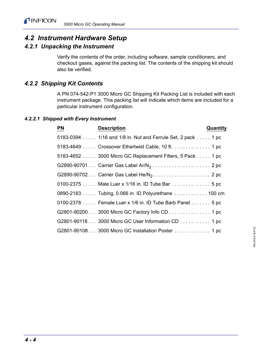 2 instrument hardware setup, 1 unpacking the instrument, 2 shipping kit contents | 1 shipped with every instrument | INFICON 3000 Micro GC Gas Analyzer Operating Manual User Manual | Page 60 / 268
