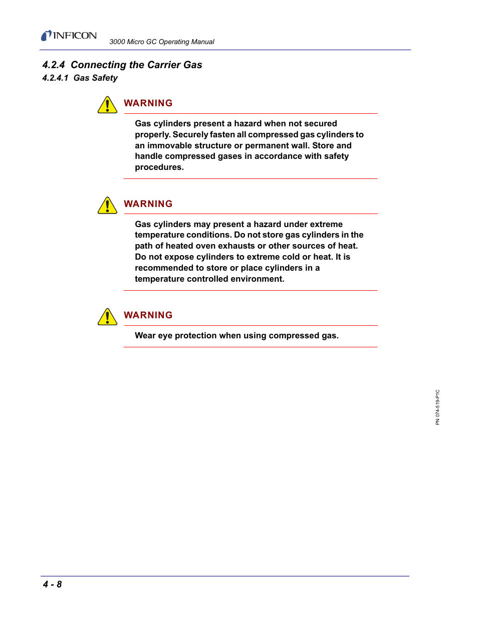4 connecting the carrier gas, 1 gas safety, Warning | INFICON 3000 Micro GC Gas Analyzer Operating Manual User Manual | Page 64 / 268