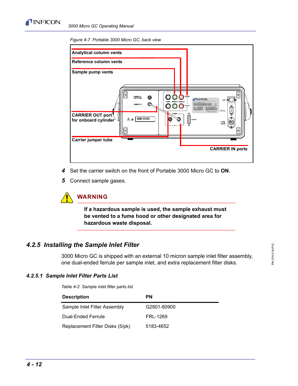 5 installing the sample inlet filter, 1 sample inlet filter parts list, Figure 4-7 | Warning | INFICON 3000 Micro GC Gas Analyzer Operating Manual User Manual | Page 68 / 268