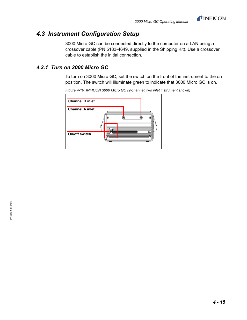 3 instrument configuration setup, 1 turn on 3000 micro gc | INFICON 3000 Micro GC Gas Analyzer Operating Manual User Manual | Page 71 / 268