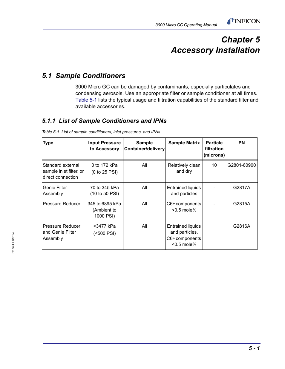 Chapter 5 accessory installation, 1 sample conditioners, 1 list of sample conditioners and ipns | Chapter 5, Section 5.1, sample | INFICON 3000 Micro GC Gas Analyzer Operating Manual User Manual | Page 75 / 268