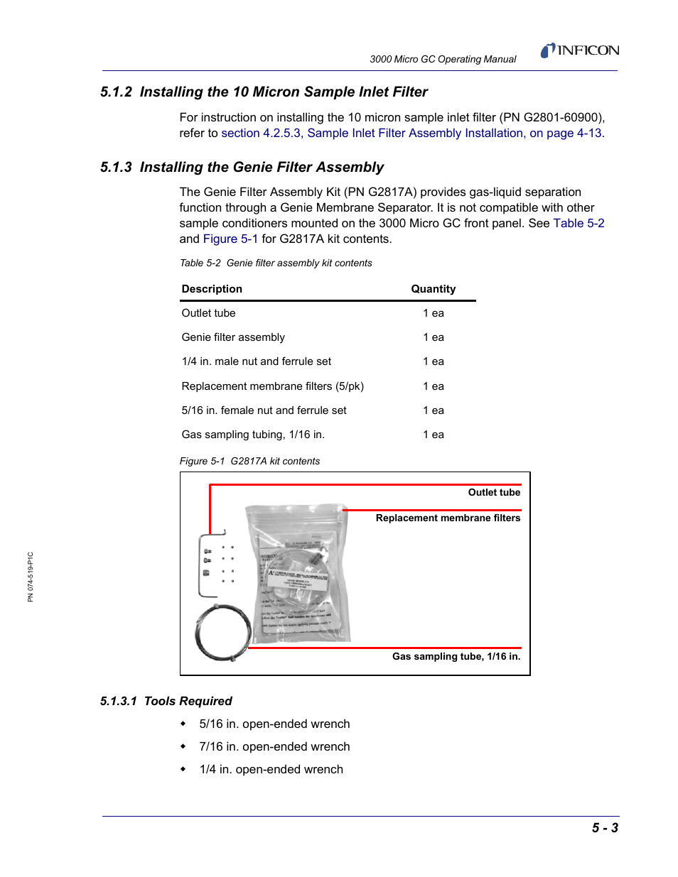 2 installing the 10 micron sample inlet filter, 3 installing the genie filter assembly, 1 tools required | INFICON 3000 Micro GC Gas Analyzer Operating Manual User Manual | Page 77 / 268