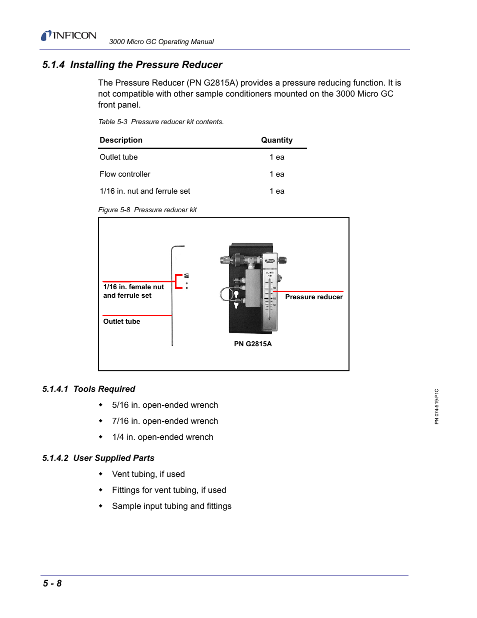4 installing the pressure reducer, 1 tools required, 2 user supplied parts | INFICON 3000 Micro GC Gas Analyzer Operating Manual User Manual | Page 82 / 268