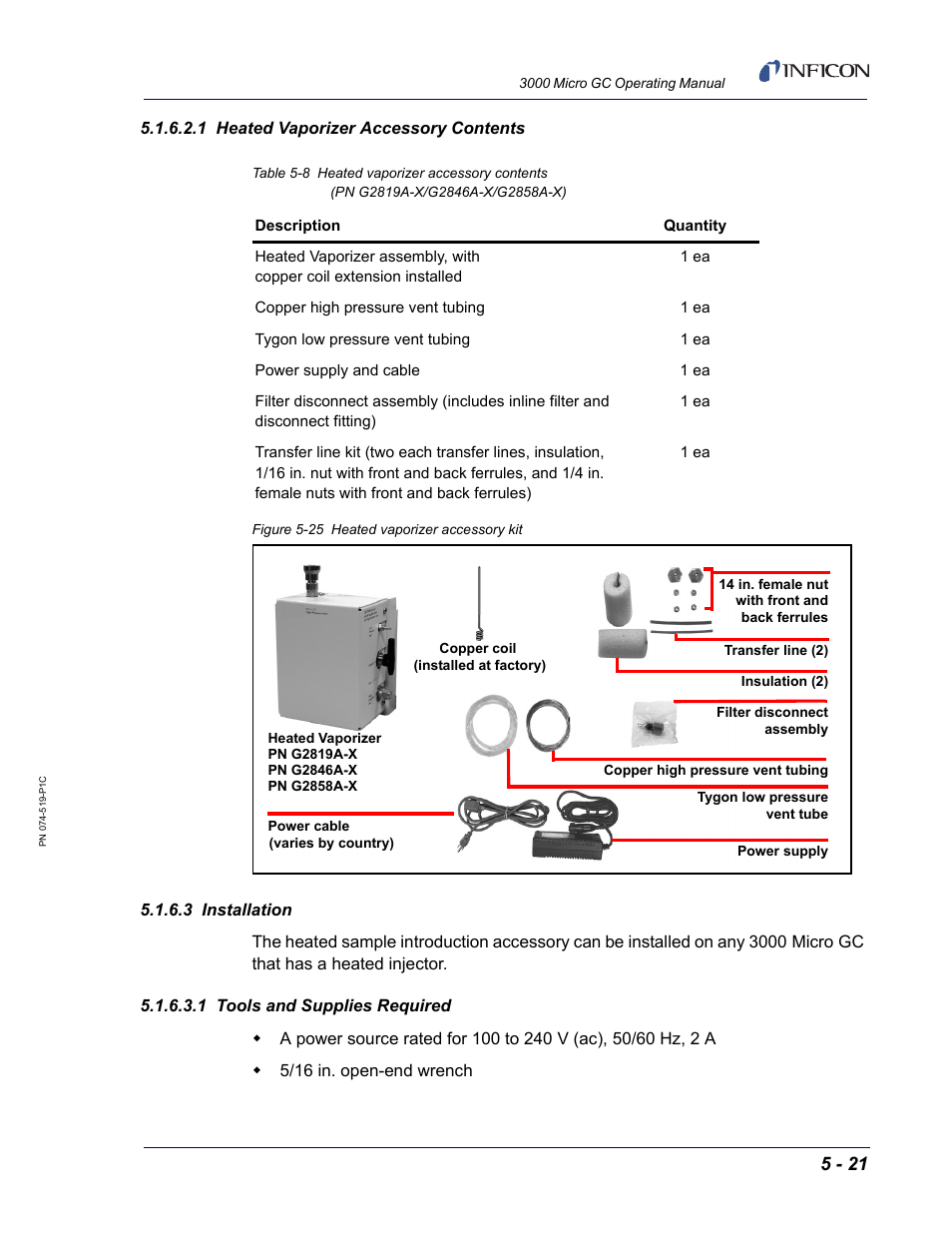 1 heated vaporizer accessory contents, 3 installation, 1 tools and supplies required | INFICON 3000 Micro GC Gas Analyzer Operating Manual User Manual | Page 95 / 268