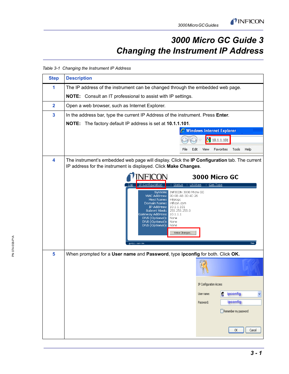 Guide 3 changing the instrument ip address, 3000 micro gc guide 3 | INFICON 3000 Micro GC Gas Analyzer Reference Guide User Manual | Page 19 / 108