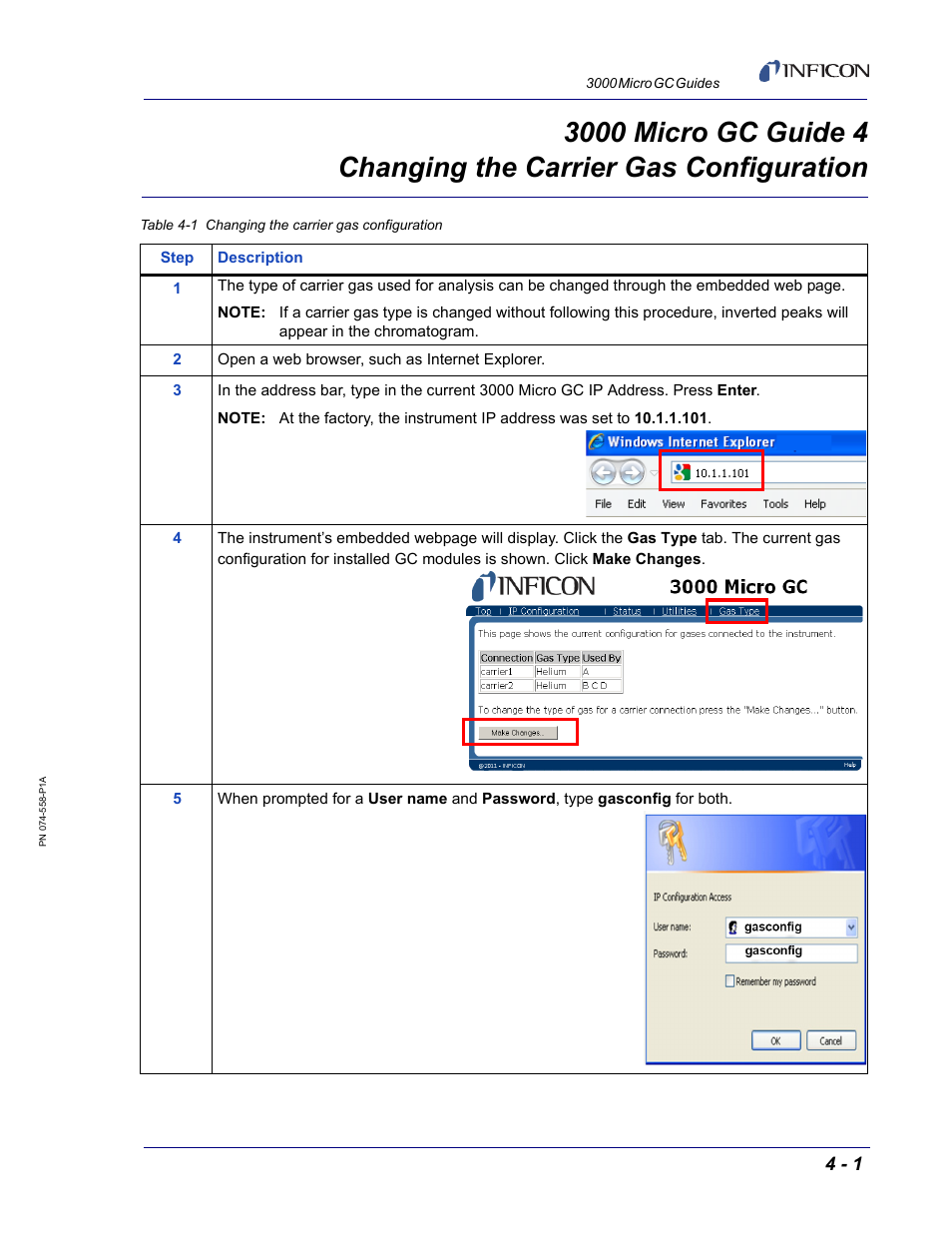 Guide 4 changing the carrier gas configuration, 3000 micro gc guide 4 | INFICON 3000 Micro GC Gas Analyzer Reference Guide User Manual | Page 23 / 108