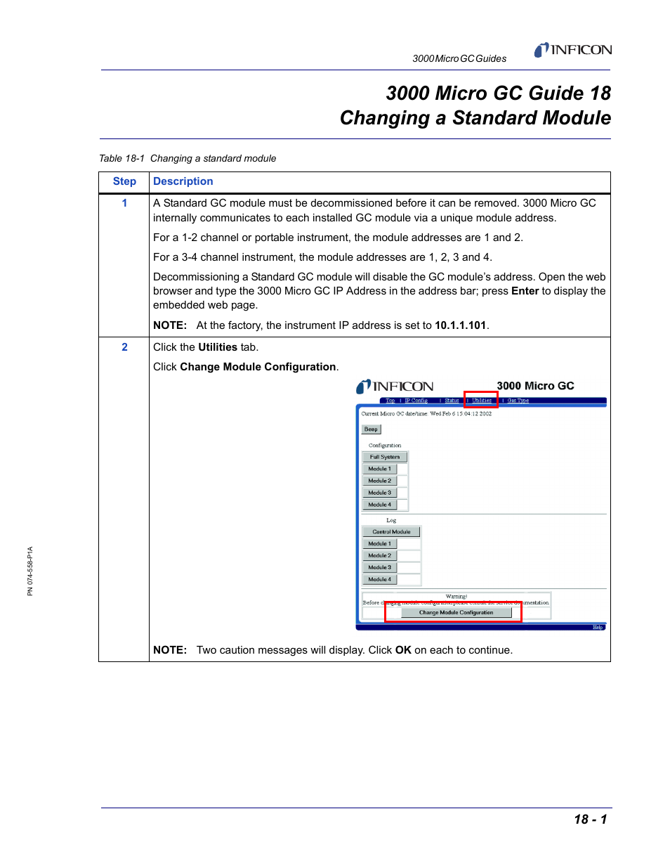 Guide 18 changing a standard module, 3000 micro gc guide 18 | INFICON 3000 Micro GC Gas Analyzer Reference Guide User Manual | Page 67 / 108