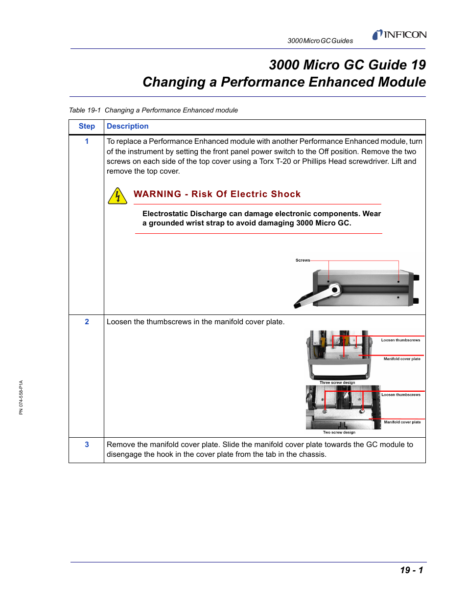 Guide 19 changing a performance enhanced module, 3000 micro gc guide 19, Warning - risk of electric shock | INFICON 3000 Micro GC Gas Analyzer Reference Guide User Manual | Page 79 / 108