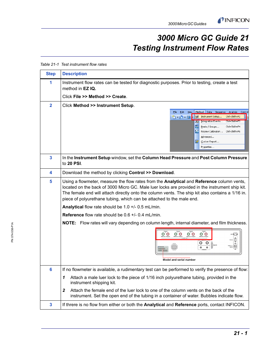 Guide 21 testing instrument flow rates, 3000 micro gc guide 21 | INFICON 3000 Micro GC Gas Analyzer Reference Guide User Manual | Page 97 / 108