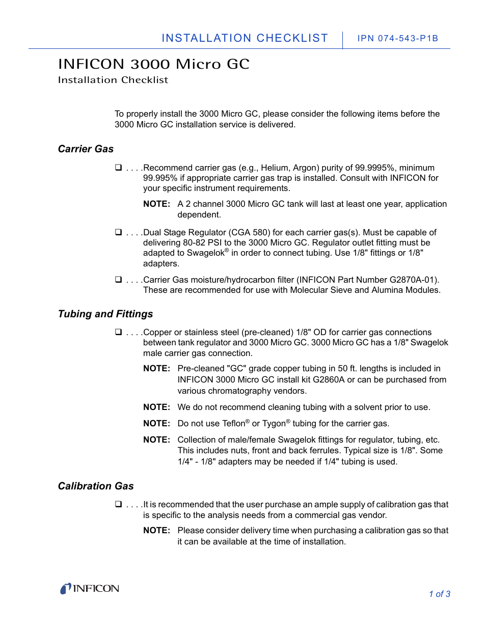 INFICON 3000 Micro GC Gas Analyzer Installation User Manual | 3 pages
