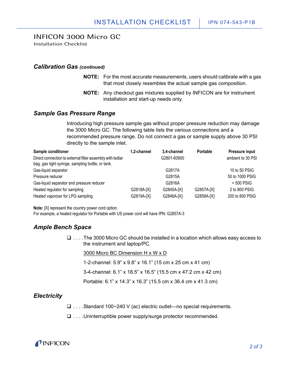 Calibration gas (continued), Sample gas pressure range, Ample bench space | Electricity, Installation checklist inficon 3000 micro gc, Calibration gas | INFICON 3000 Micro GC Gas Analyzer Installation User Manual | Page 2 / 3