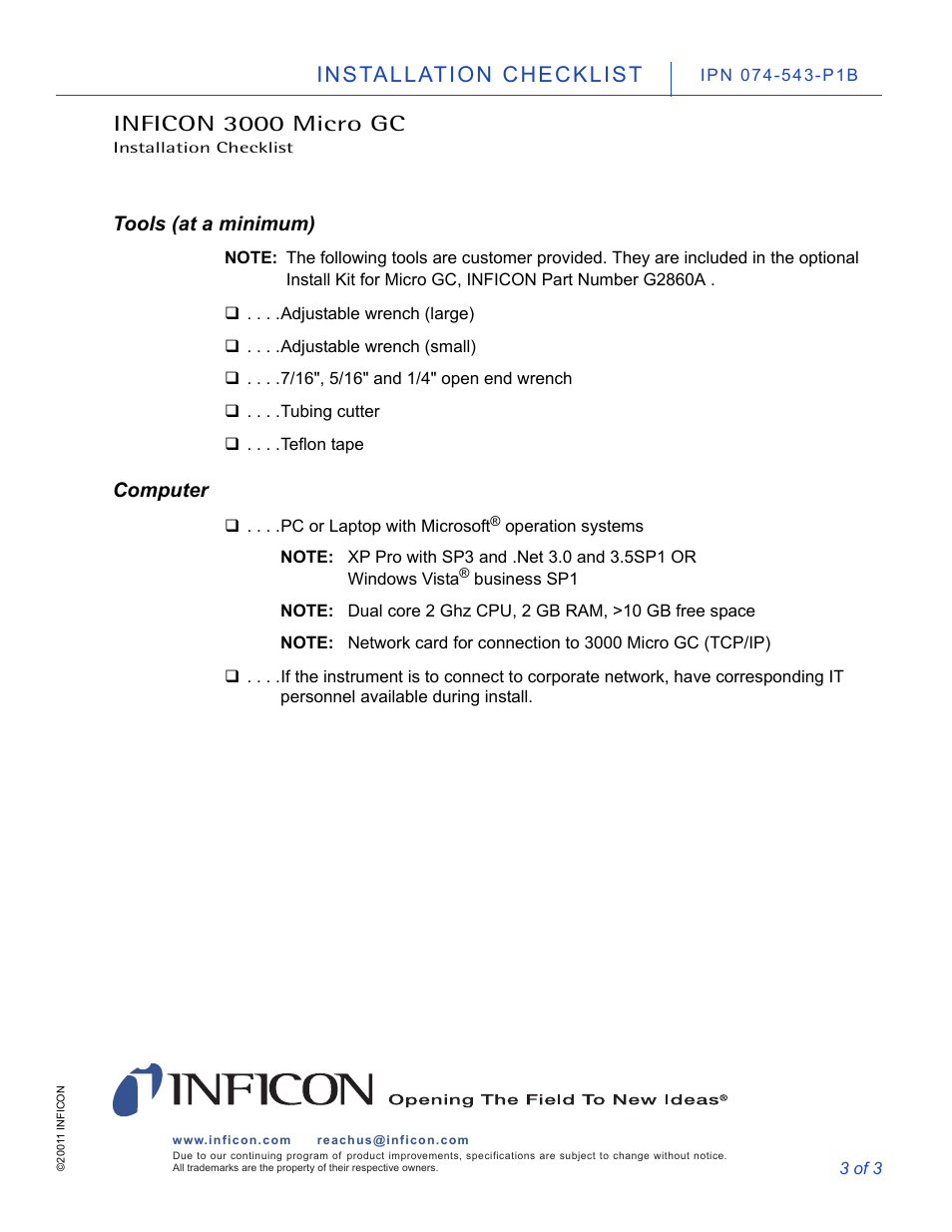 Tools (at a minimum), Computer, Installation checklist inficon 3000 micro gc | INFICON 3000 Micro GC Gas Analyzer Installation User Manual | Page 3 / 3