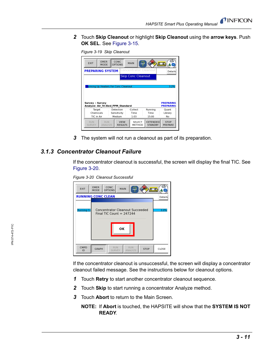 3 concentrator cleanout failure, Section 3.1.3, concentrator | INFICON HAPSITE Smart Plus Chemical Identification System User Manual | Page 105 / 586