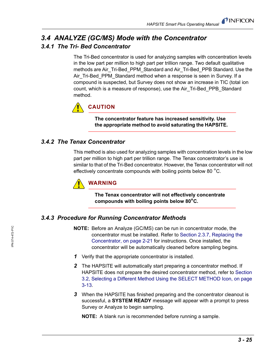 4 analyze (gc/ms) mode with the concentrator, 1 the tri- bed concentrator, 2 the tenax concentrator | 3 procedure for running concentrator methods | INFICON HAPSITE Smart Plus Chemical Identification System User Manual | Page 119 / 586