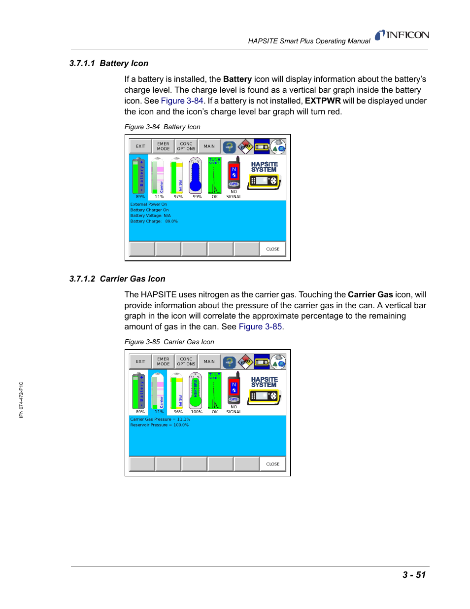 1 battery icon, 2 carrier gas icon | INFICON HAPSITE Smart Plus Chemical Identification System User Manual | Page 145 / 586