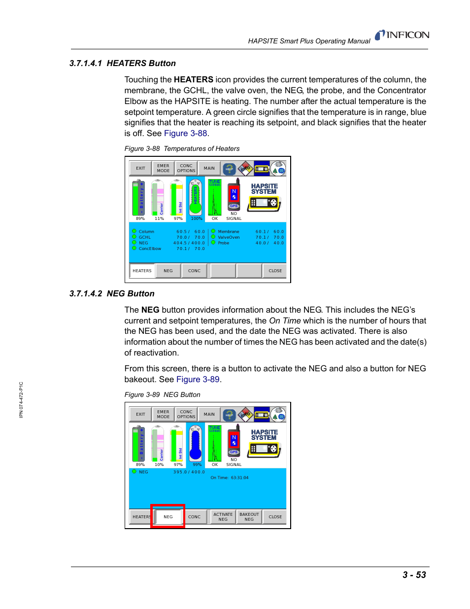 1 heaters button, 2 neg button | INFICON HAPSITE Smart Plus Chemical Identification System User Manual | Page 147 / 586