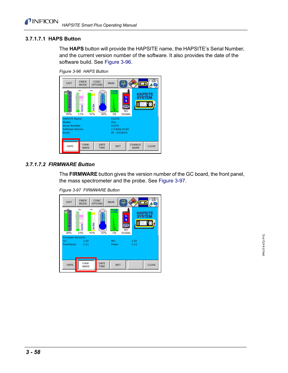 1 haps button, 2 firmware button | INFICON HAPSITE Smart Plus Chemical Identification System User Manual | Page 152 / 586