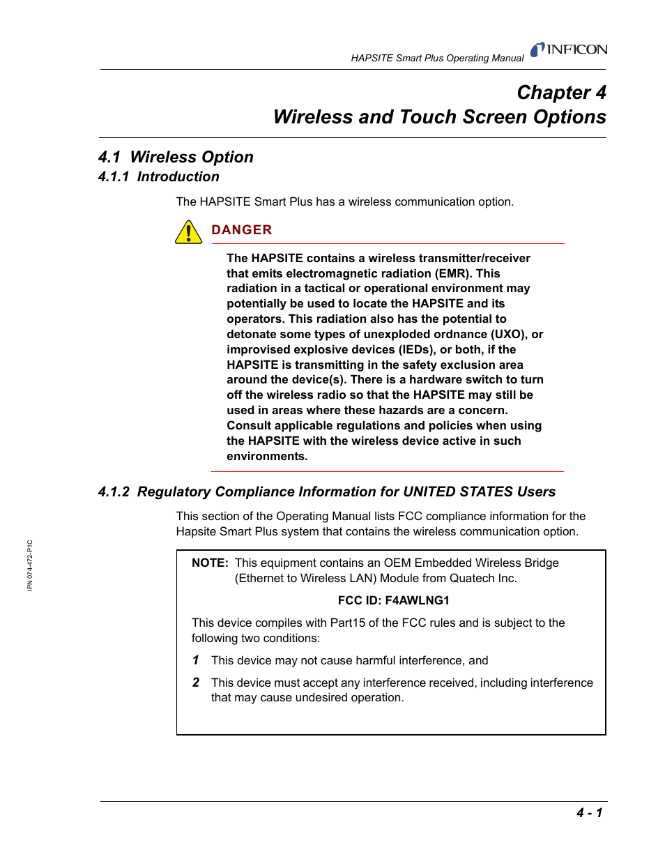 Chapter 4 wireless and touch screen options, 1 wireless option, 1 introduction | Chapter 4, Chapter 4, wireless and touch screen options | INFICON HAPSITE Smart Plus Chemical Identification System User Manual | Page 173 / 586