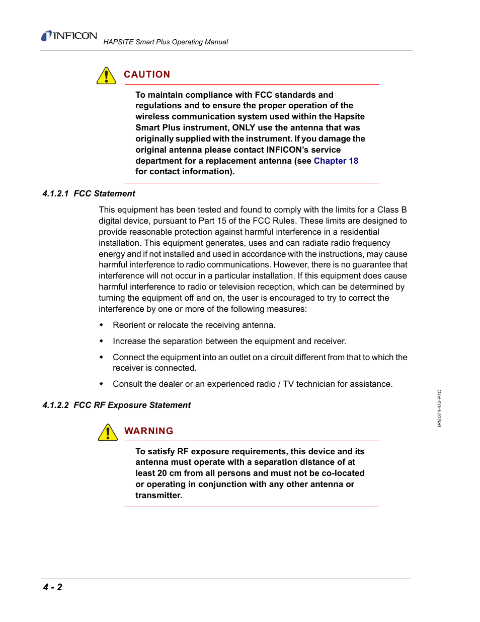 1 fcc statement, 2 fcc rf exposure statement | INFICON HAPSITE Smart Plus Chemical Identification System User Manual | Page 174 / 586