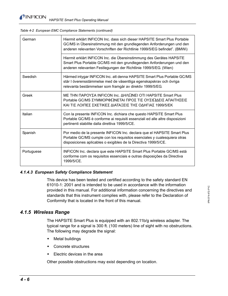 3 european safety compliance statement, 5 wireless range | INFICON HAPSITE Smart Plus Chemical Identification System User Manual | Page 178 / 586