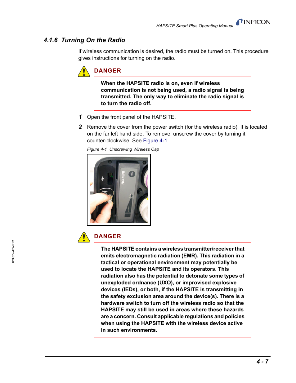 6 turning on the radio, Danger | INFICON HAPSITE Smart Plus Chemical Identification System User Manual | Page 179 / 586