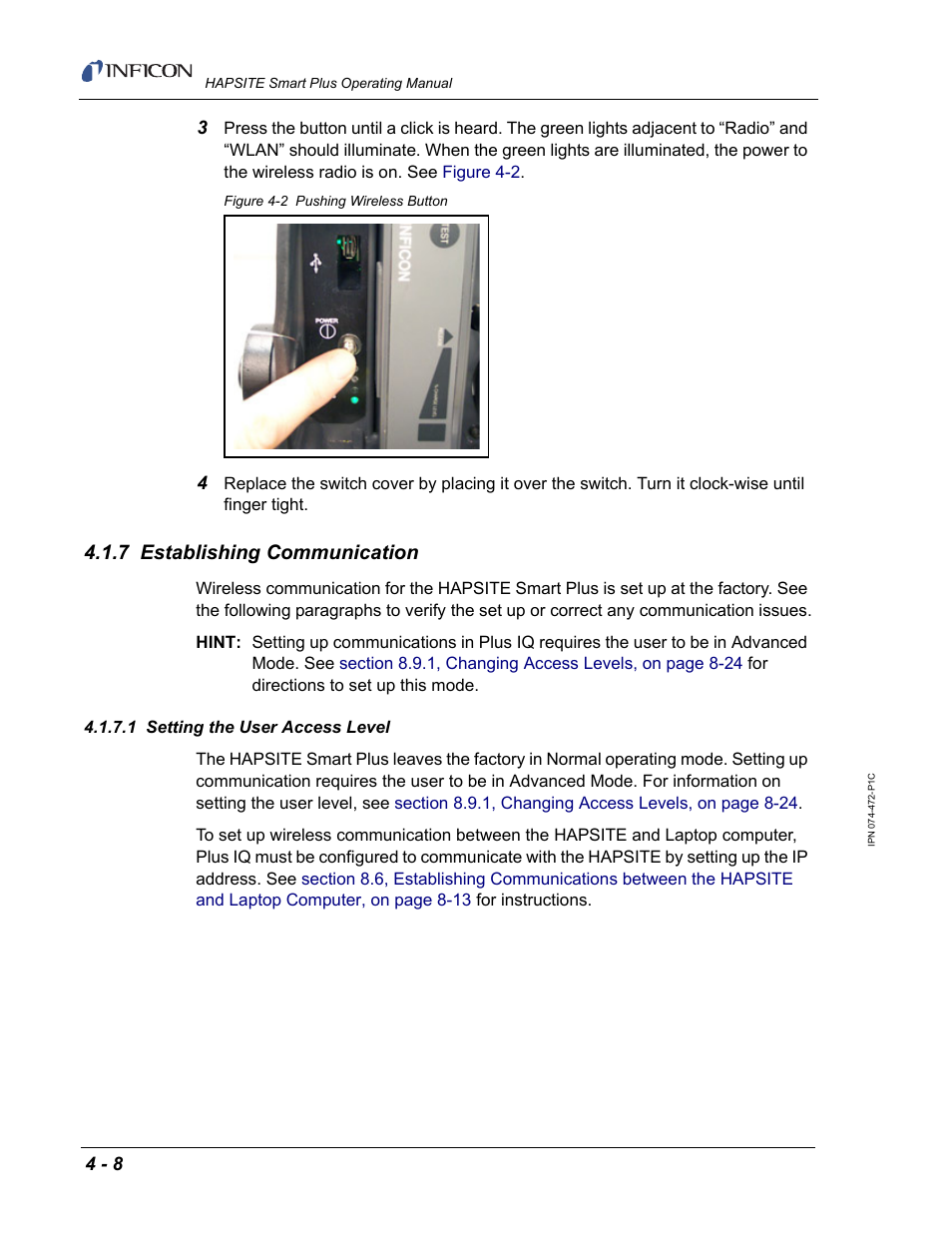 7 establishing communication, 1 setting the user access level | INFICON HAPSITE Smart Plus Chemical Identification System User Manual | Page 180 / 586