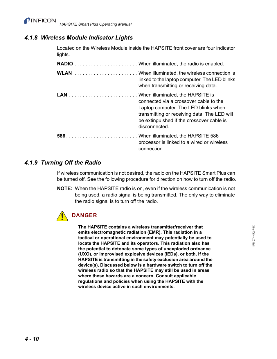 8 wireless module indicator lights, 9 turning off the radio | INFICON HAPSITE Smart Plus Chemical Identification System User Manual | Page 182 / 586