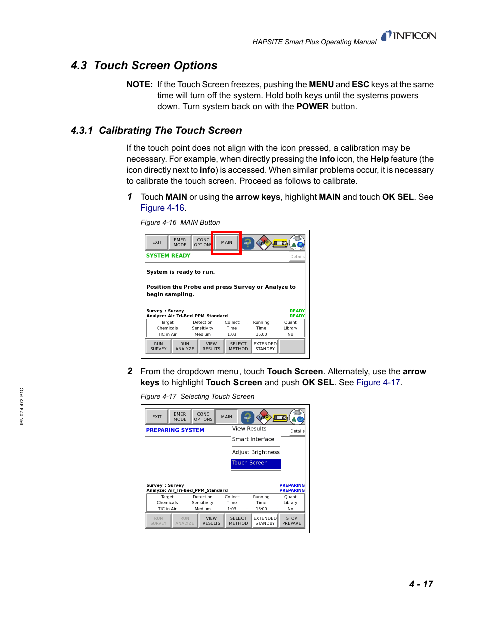 3 touch screen options, 1 calibrating the touch screen | INFICON HAPSITE Smart Plus Chemical Identification System User Manual | Page 189 / 586