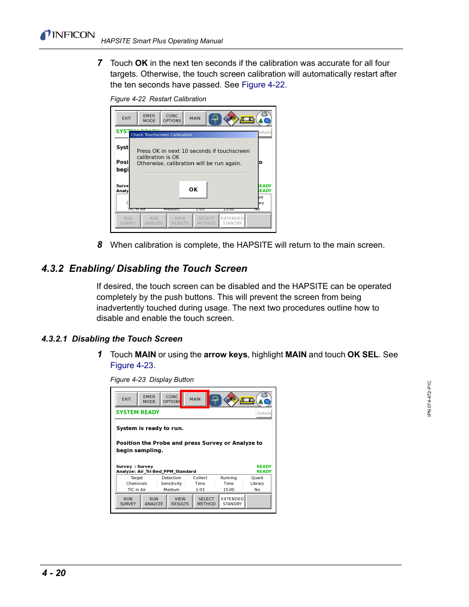 2 enabling/ disabling the touch screen, 1 disabling the touch screen | INFICON HAPSITE Smart Plus Chemical Identification System User Manual | Page 192 / 586