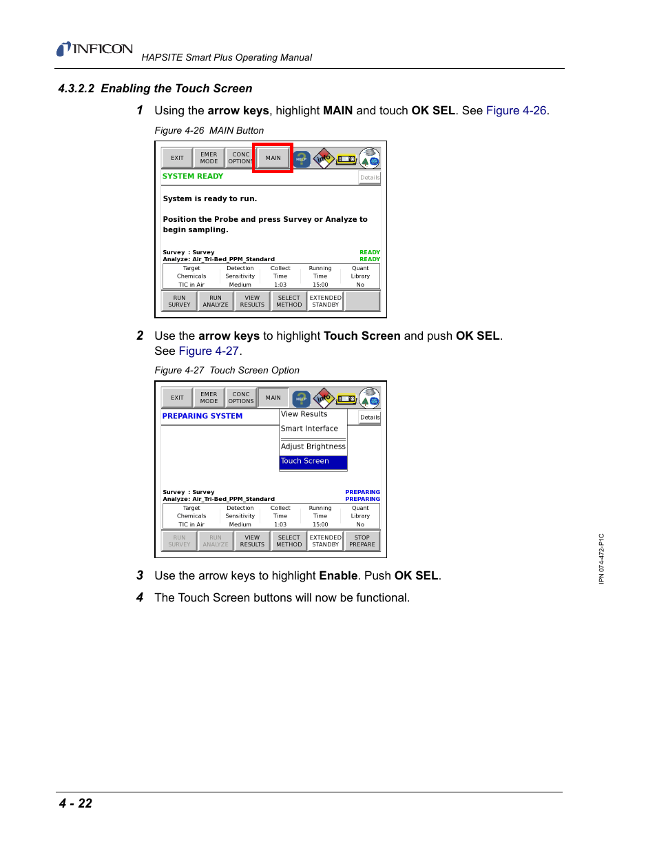 2 enabling the touch screen | INFICON HAPSITE Smart Plus Chemical Identification System User Manual | Page 194 / 586