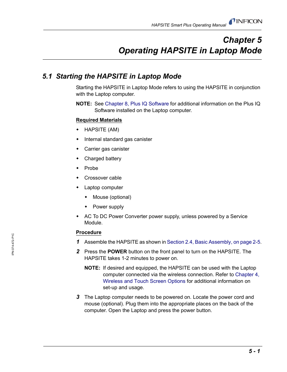 Chapter 5 operating hapsite in laptop mode, 1 starting the hapsite in laptop mode, Chapter 5 | INFICON HAPSITE Smart Plus Chemical Identification System User Manual | Page 207 / 586