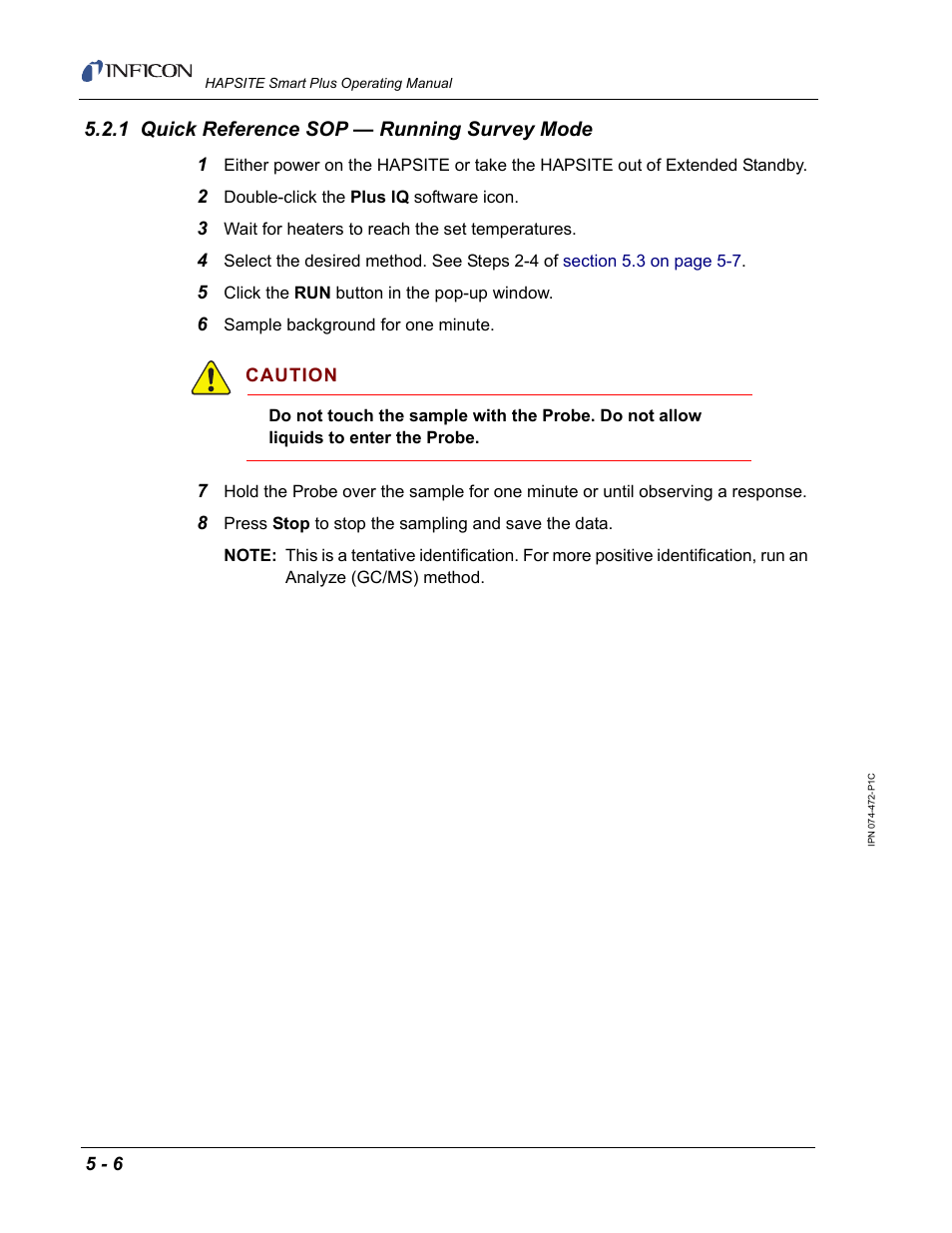 1 quick reference sop — running survey mode | INFICON HAPSITE Smart Plus Chemical Identification System User Manual | Page 212 / 586