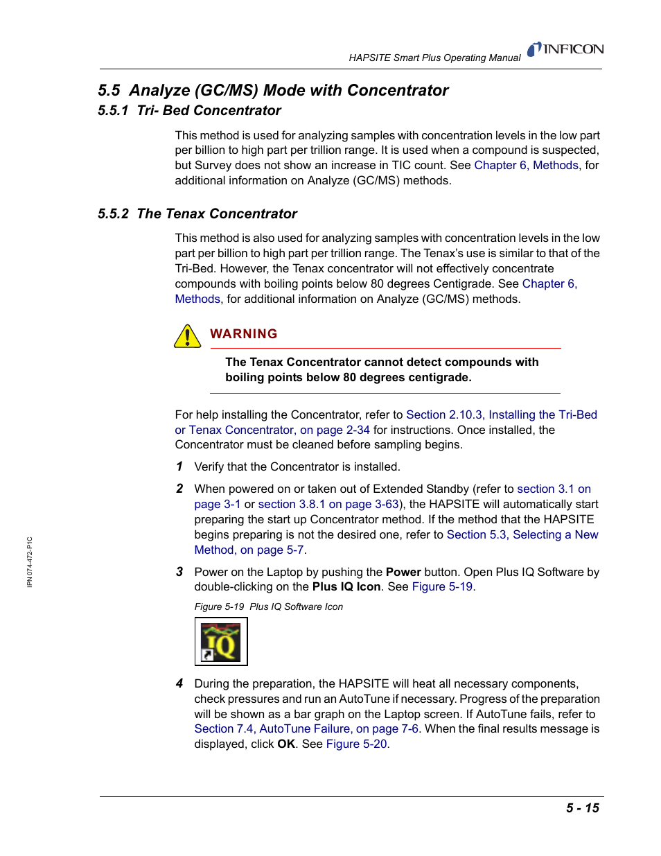 5 analyze (gc/ms) mode with concentrator, 1 tri- bed concentrator, 2 the tenax concentrator | INFICON HAPSITE Smart Plus Chemical Identification System User Manual | Page 221 / 586