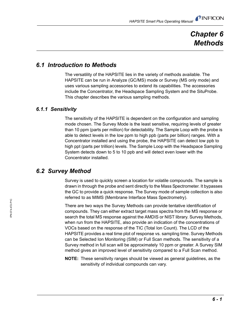 Chapter 6 methods, 1 introduction to methods, 1 sensitivity | 2 survey method, Chapter 6, Chapter 6, methods, For additiona, Methods, For ad | INFICON HAPSITE Smart Plus Chemical Identification System User Manual | Page 235 / 586